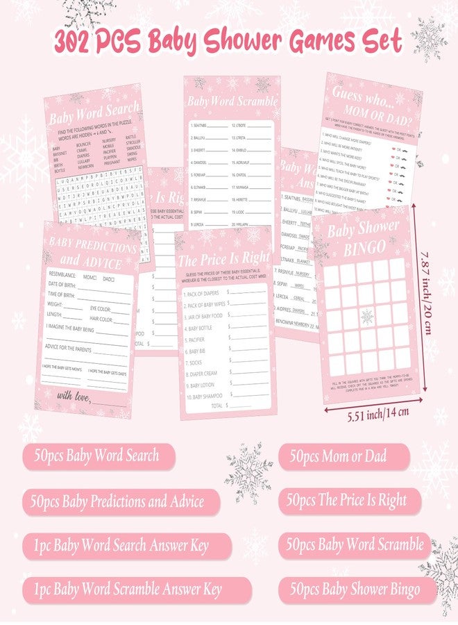 Harloon 302 Pcs Winter Snowflake Baby Shower Games, 6 Games, 50 Sheets Each, Baby Shower, Word Scramble, Word Search, Predictions and Advice(Pink) - Image 2